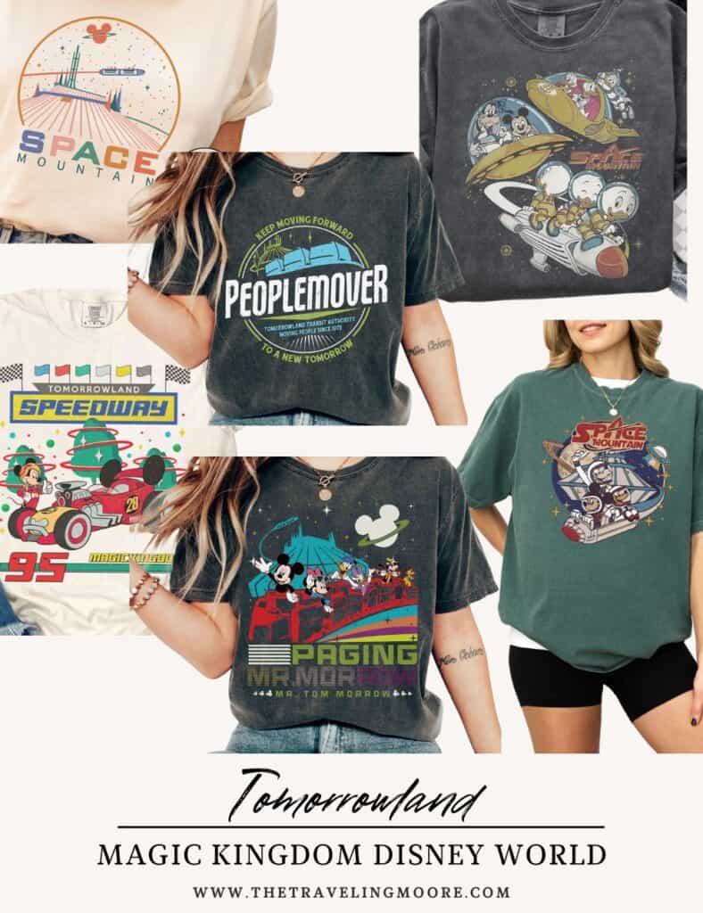 Tomorrowland-inspired shirts featuring Disney rides like Space Mountain, PeopleMover, and Tomorrowland Speedway. Designs incorporate futuristic and retro space-age aesthetics, with Mickey and other characters enjoying the attractions. 