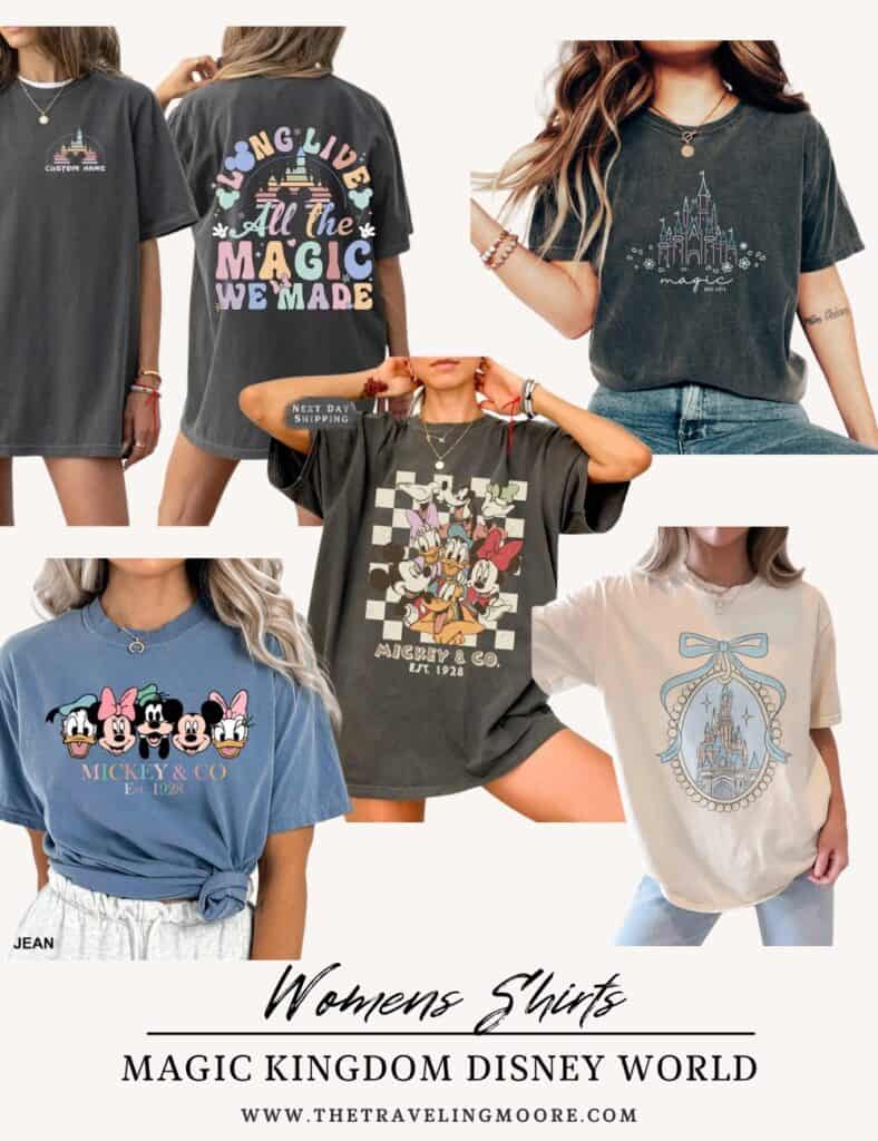 A variety of Disney women’s shirts featuring Mickey & Co., Cinderella’s castle, and a pastel ‘Long Live All the Magic We Made’ design. Other shirts highlight classic Disney characters in a trendy, relaxed fit. The bottom text reads ‘Women’s Shirts, Magic Kingdom Disney World