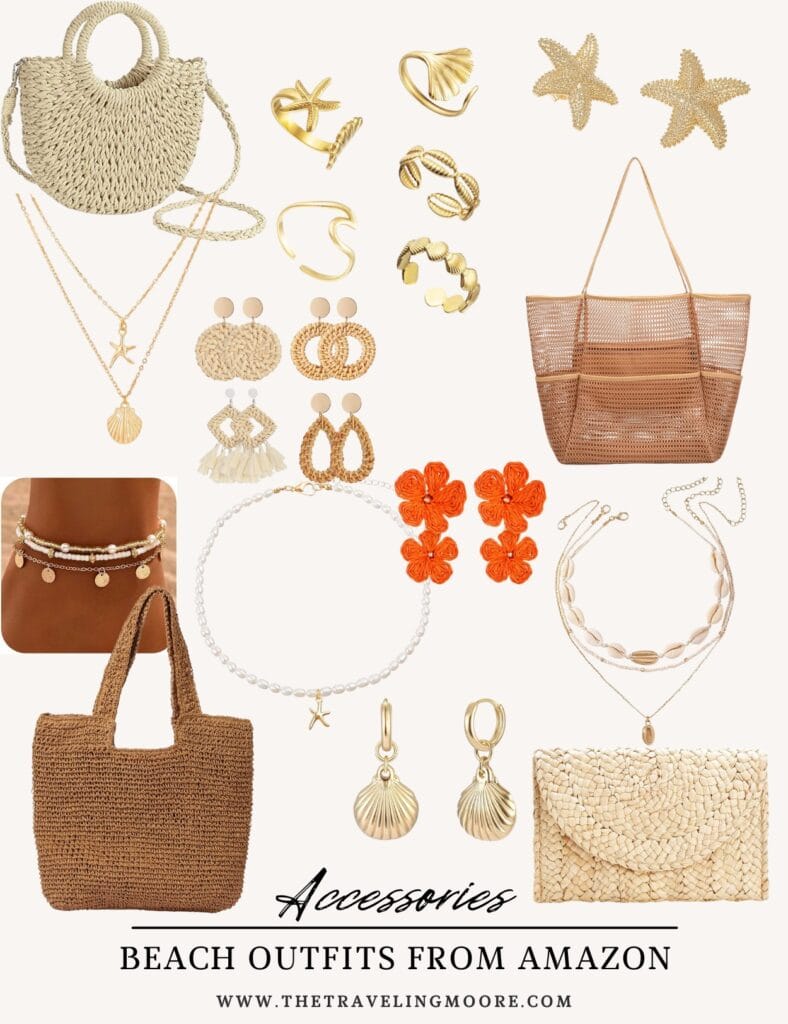 Beach accessories from Amazon featuring woven handbags, gold and shell jewelry, floral and starfish earrings, anklets, layered necklaces, and mesh tote bags in a coastal, boho style.