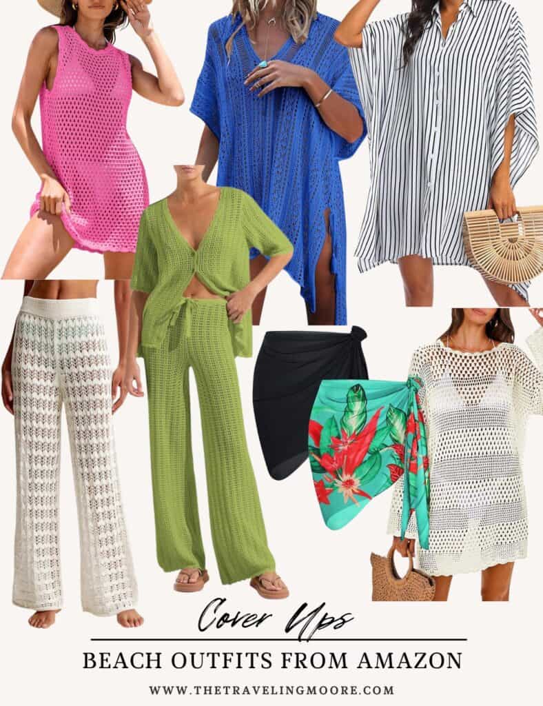 Collection of women’s beach cover-ups from Amazon featuring crochet-style dresses in pink, blue, green, and white, a striped button-up shirt dress, and printed sarongs in black and tropical green.