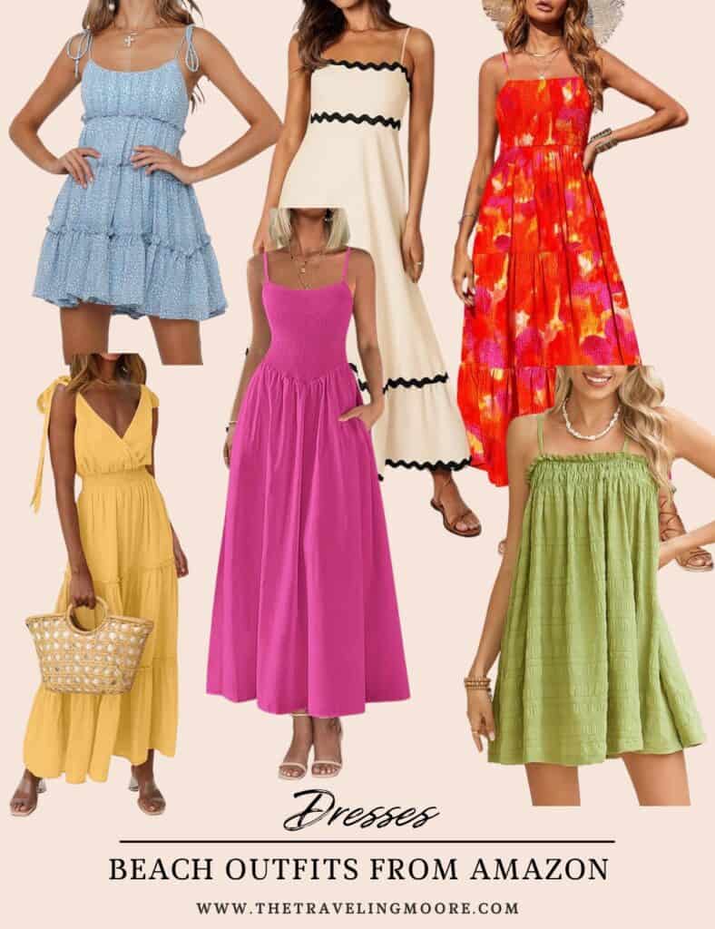 Selection of Amazon beach dresses in lightweight fabrics and bright summer hues—baby blue tiered mini, cream maxi with black trim, red floral tiered maxi, mustard yellow, hot pink smocked, and a green sundress