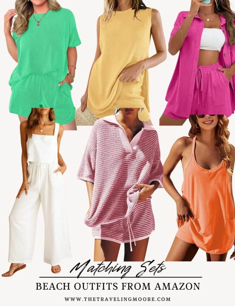 Assortment of women’s matching beach sets from Amazon, featuring shorts and tops in colors like mint green, yellow, hot pink, orange, textured white, and waffle-knit pink.