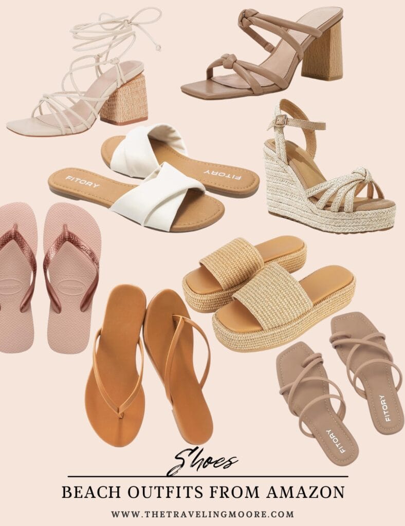 ollection of beach-ready sandals and flip-flops from Amazon, including strappy block heels, espadrille wedges, cushioned slides, leather flip-flops, and simple slip-ons in neutral tones.